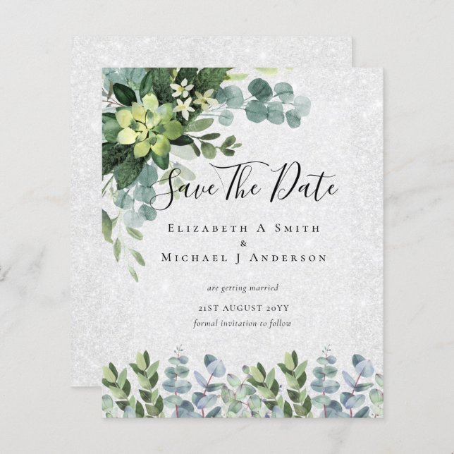BUDGET WEDDING SAVE DATES - GREENERY Eucalyptus (Front/Back)