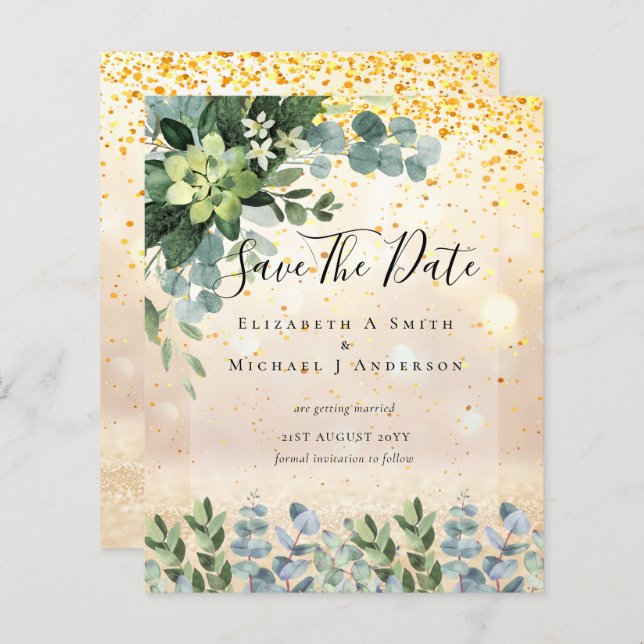 BUDGET WEDDING SAVE DATES - GREENERY Eucalyptus (Front/Back)