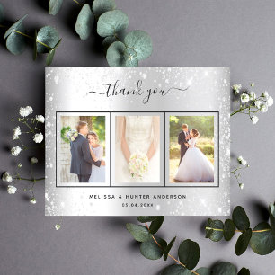 Budget wedding silver glitter photo thank you card