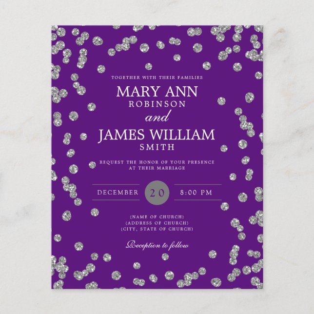Budget Wedding Silver Glitter Purple Invite (Front)