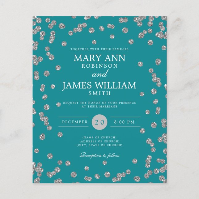 Budget Wedding Silver Glitter Teal Invite (Front)
