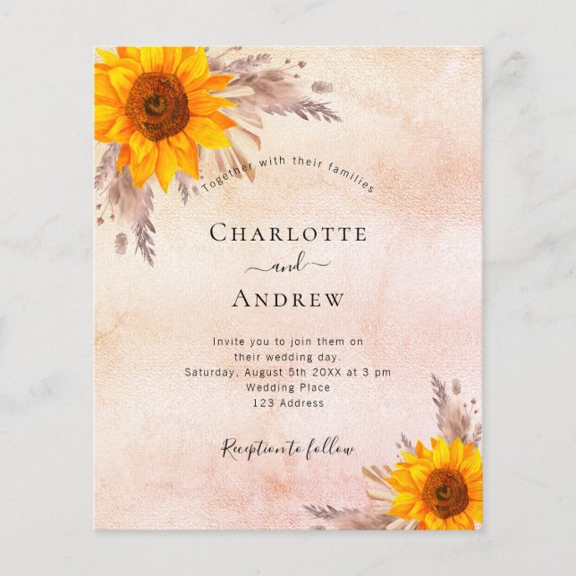 Budget Wedding sunflowers boho pampas grass blush (Front)