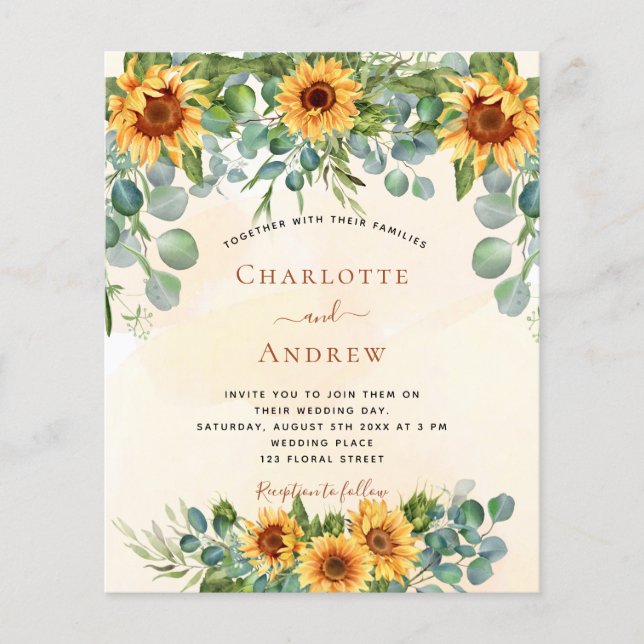 Budget wedding sunflowers eucalyptus gold (Front)