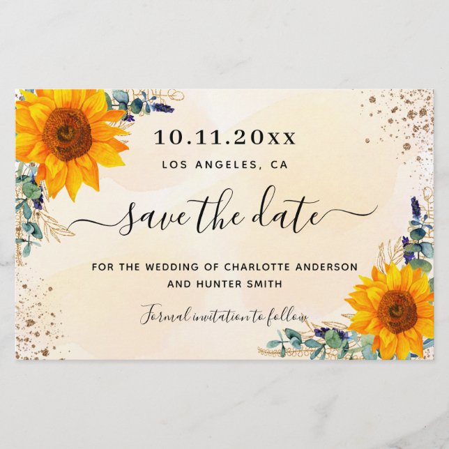 Budget wedding sunflowers eucalyptus save the date (Front)