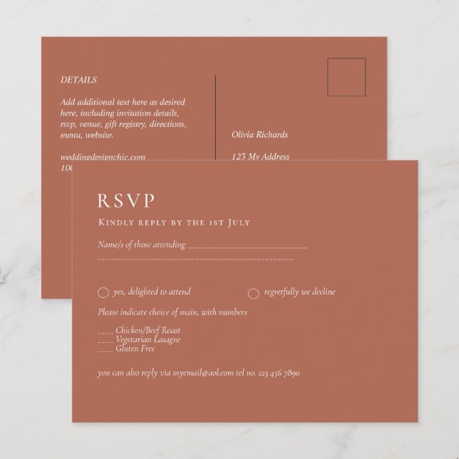 BUDGET Wedding Terracotta Monochrome RSVP Postcard (Front/Back)