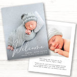 Budget Welcome Script Photo Birth Announcement<br><div class="desc">A budget-friendly option to announce your baby's birth,  featuring his or her photo overlayed with "Welcome" in a stylish white script. Add his or her name,  birth date and birth stats. On the back,  add another photo and personalised message.</div>