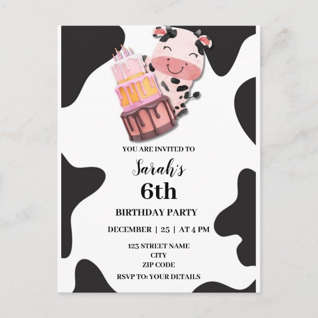 Budget Western Cow Theme Birthday Party Invitation Postcard (Front)