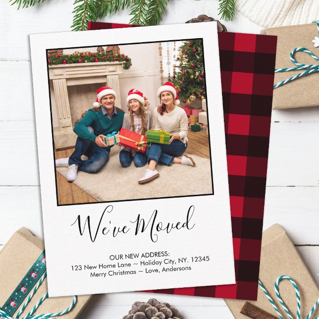 Budget We've Moved Photo Red Plaid Holiday Moving Card (Creator Uploaded)