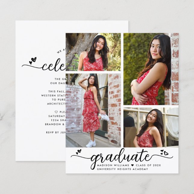 Budget White Black Grad 4 Photo Script Invitation (Front/Back)