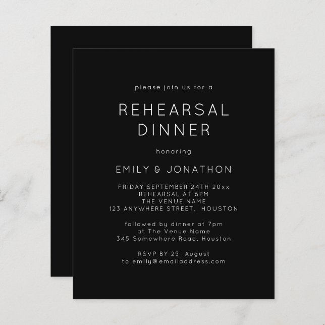 Budget White Black Rehearsal Dinner Wedding Invite (Front/Back)