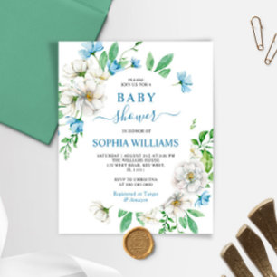Budget White & Blue Floral Baby Shower Invitation