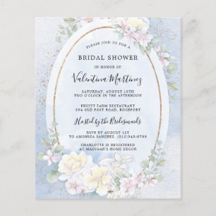 Budget White Floral Blue Bridal Shower Invitation