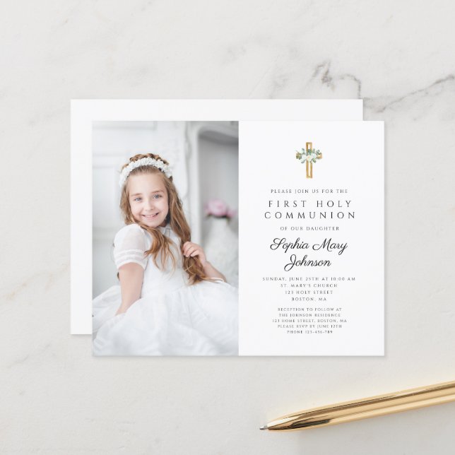 Budget White Floral Cross Photo First Communion  (Front/Back In Situ)
