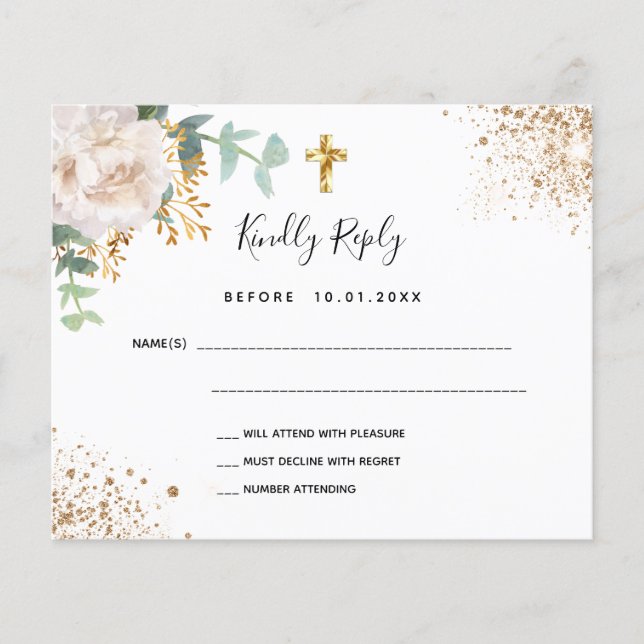 Budget white floral eucalyptus baptism RSVP (Front)