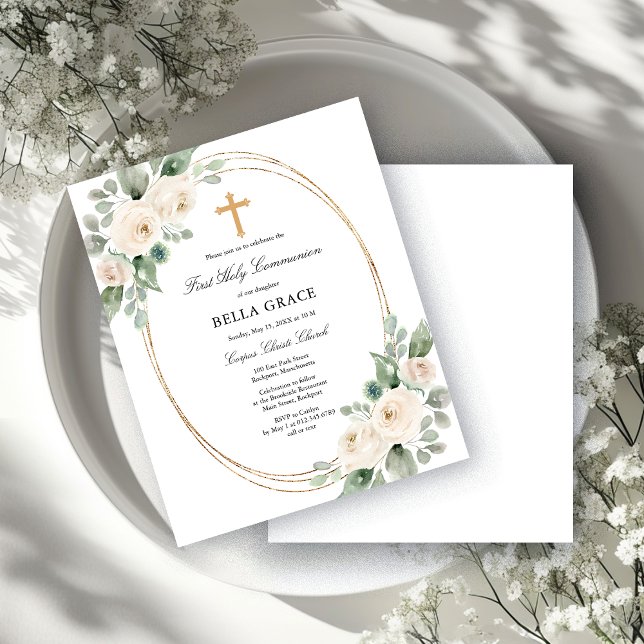 Budget White Floral First Communion Invitation (Creator Uploaded)