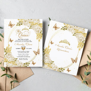 BUDGET White Floral Gold Butterfly Quinceañera