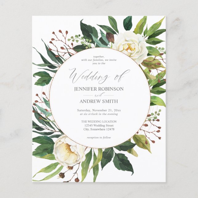 Budget White Floral & Greenery 2 Wedding Flyer (Front)
