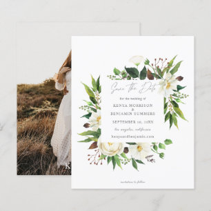 Budget White Floral & Greenery Photo Save the Date