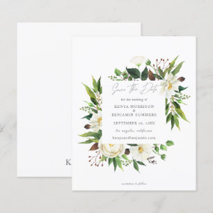 Budget White Floral & Greenery Save the Date