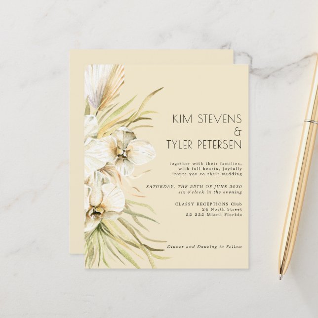 Budget white floral modern boho wedding invitation (Front/Back In Situ)