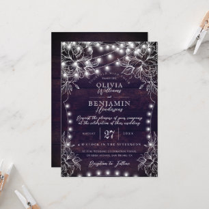 Budget White Floral & Rustic Wood Lights Wedding Invitation
