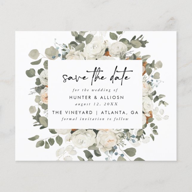 BUDGET White Floral Save the Date Flyer (Front)