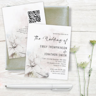 Budget White Floral Watercolor QR Wedding Invite