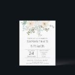 Budget White Florals 50th Birthday Invitation<br><div class="desc">Budget White Florals 50th Birthday Party Invitation. A budget price SMALLER 4.5” x 5.6” alternative. Available in a SEMI-GLOSS 110 lb CARD STOCK which is the default option (thicker for invitations), OR a SATIN FINISH 80 lb THINNER PAPER STOCK (ideal for enclosures). White florals and greenery boders the top, and...</div>