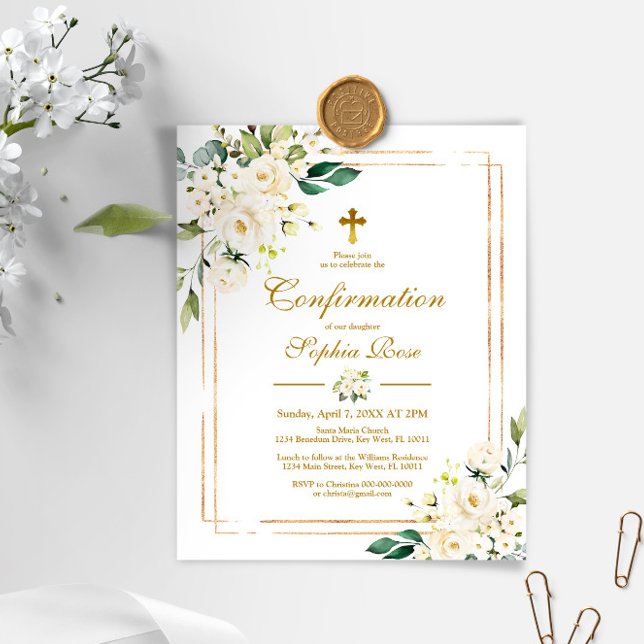 Budget White Flowers Gold Confirmation Invitation (Creator Uploaded)