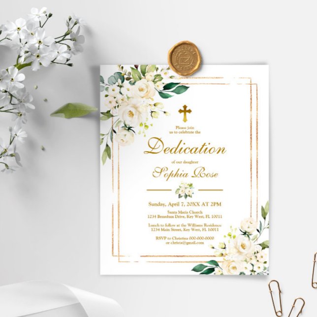 Budget White Flowers & Gold Dedication Invitation (Creator Uploaded)