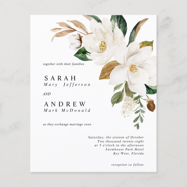 BUDGET White Flowers & Greenery Wedding Invitation (Front)