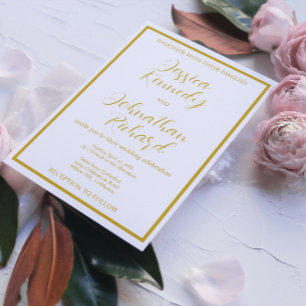 Budget White Gold Calligraphy Photo Wedding Invite