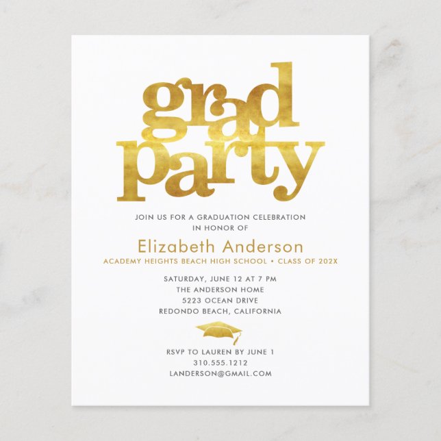 Budget white gold grad cap modern party invitation (Front)
