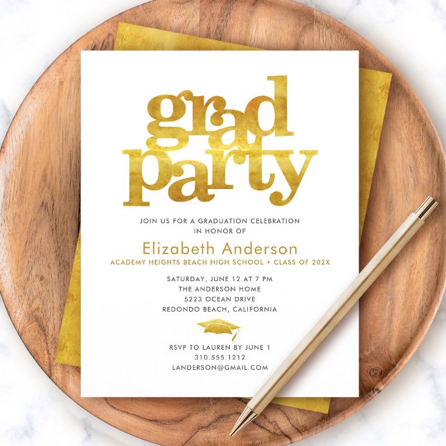 Budget white gold grad cap modern party invitation (Creator Uploaded)