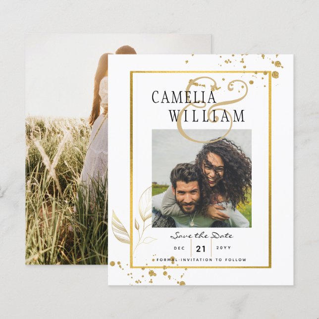 BUDGET White Gold PHOTO Wedding Invitation (Front/Back)