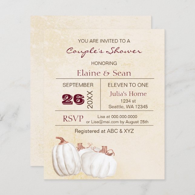 Budget white pumpkin Fall Bridal Shower Invitation (Front/Back)