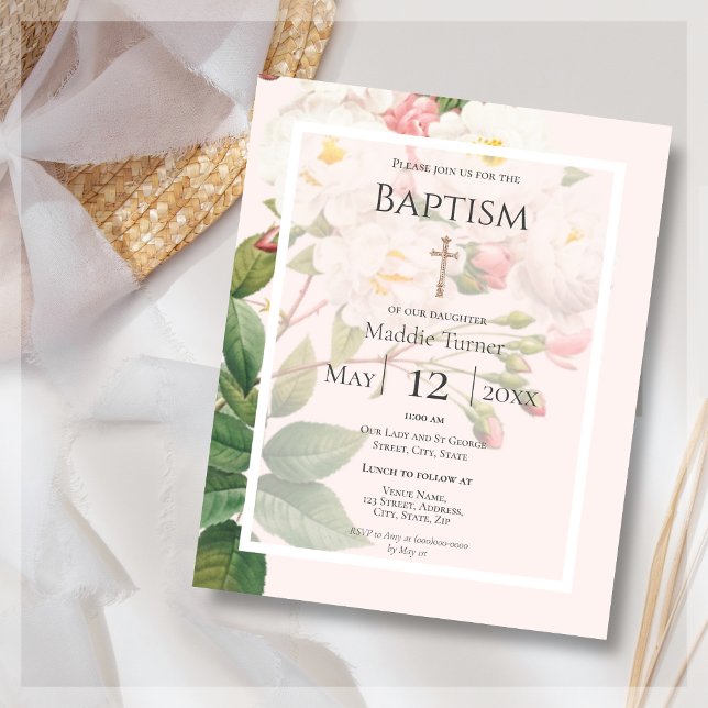 Budget White Rose Baptism Invitation (Creator Uploaded)