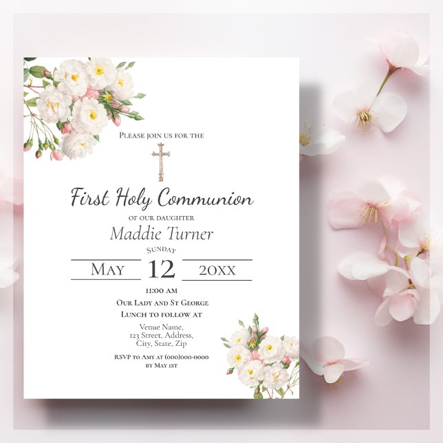Budget White Rose First Communion Invitation (Creator Uploaded)