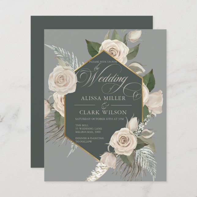 BUDGET White Rose, Gold Emerald Wedding Invitation (Front/Back)