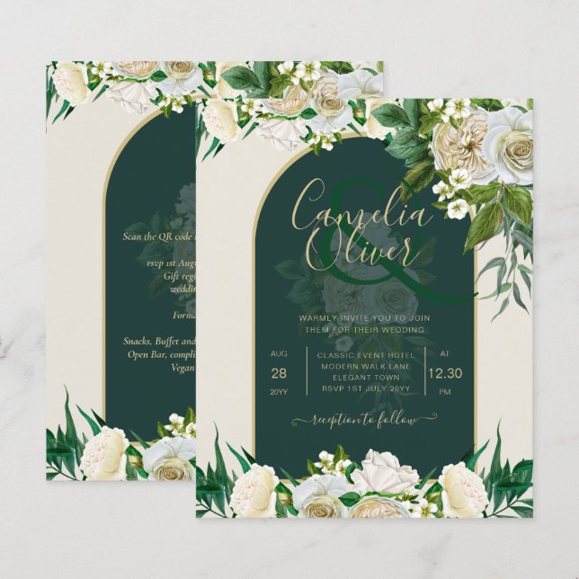 BUDGET White Roses Forest Green Winter Wedding INV (Front/Back)