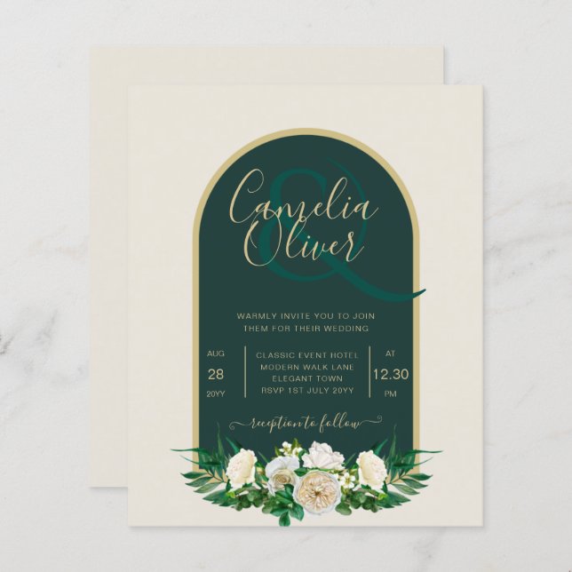 BUDGET White Roses Forest Green Winter Wedding INV (Front/Back)