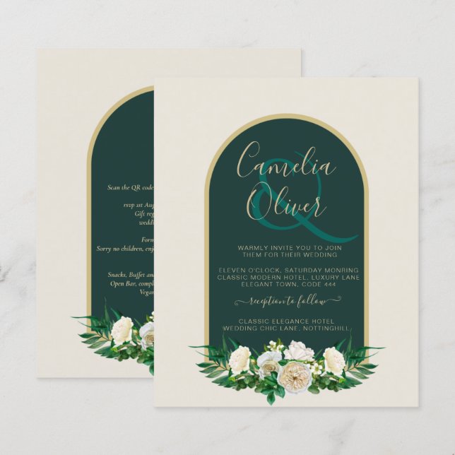 BUDGET White Roses Forest Green Winter Wedding INV (Front/Back)