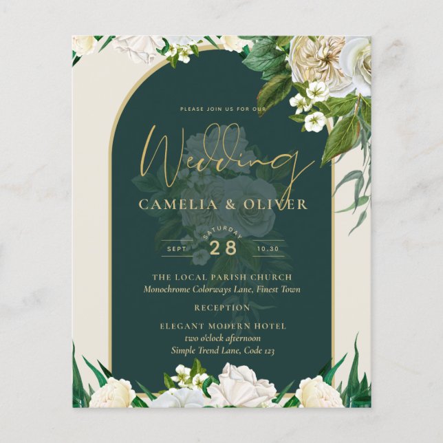 BUDGET White Roses Forest Green Winter Wedding INV Flyer (Front)