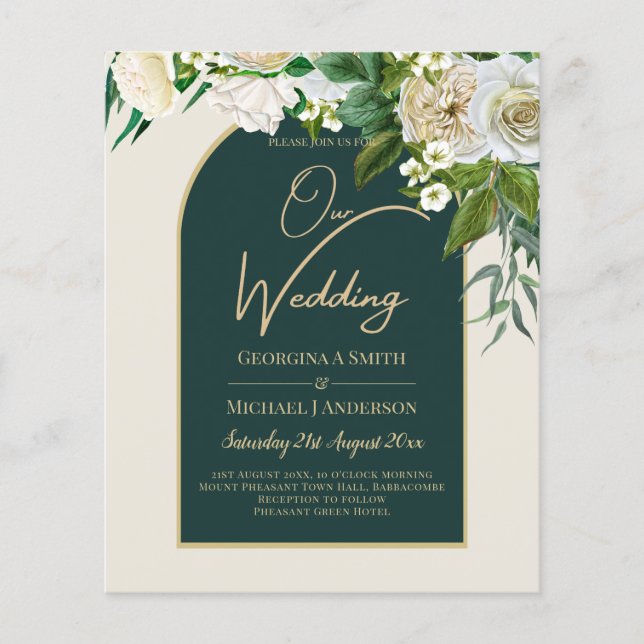 BUDGET White Roses Forest Green Winter Wedding INV Flyer (Front)
