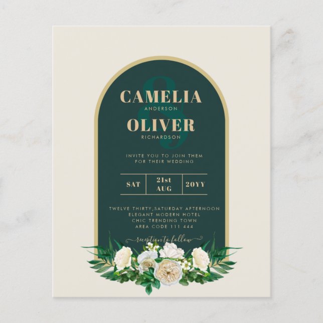 BUDGET White Roses Forest Green Winter Wedding INV Flyer (Front)