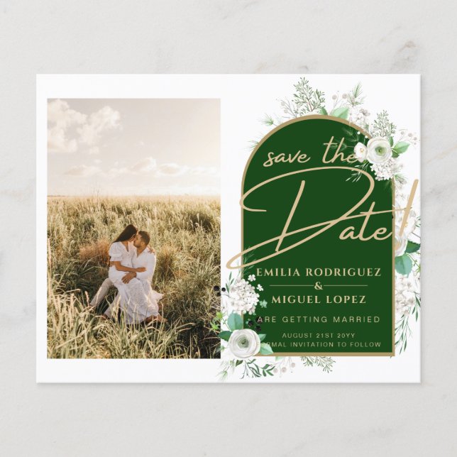Budget White Roses Green Wedding Save the Date Flyer (Front)