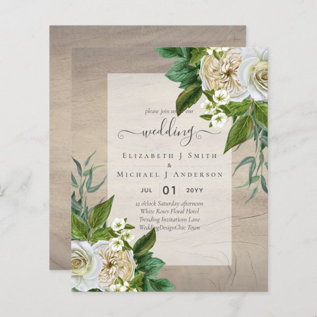 BUDGET WHITE ROSES Invitations WEDDING CHIC (Front/Back)