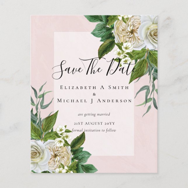 BUDGET WHITE ROSES SAVE DATES WEDDING CHIC FLYER (Front)