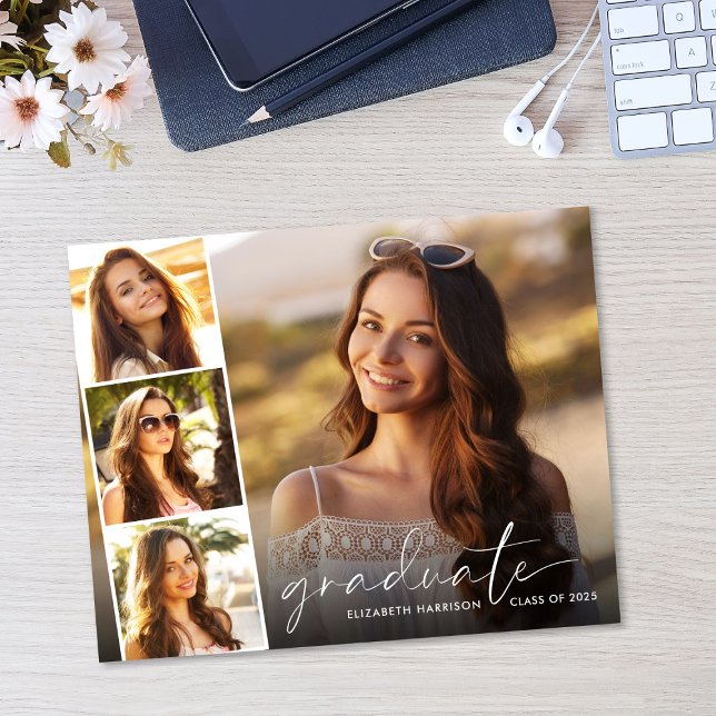 Budget White Script Photo Graduation Announcement (Creator Uploaded)