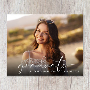Budget White Script Photo Graduation Announcement